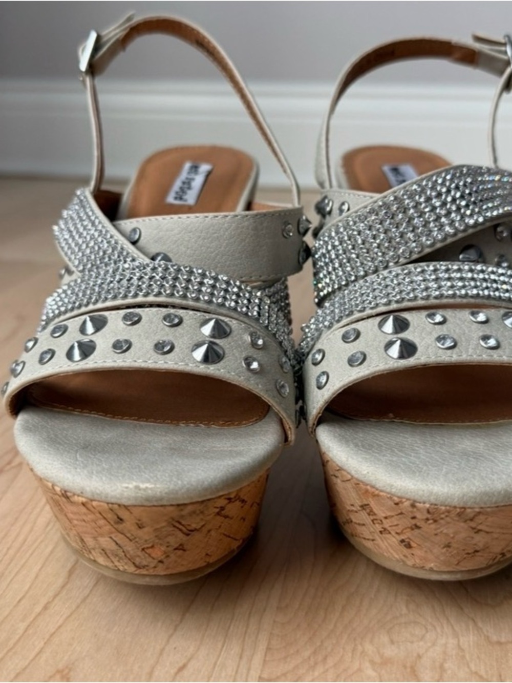 VENUS Silver Rhinestone & Stud Cork Platform Wedge Sandals